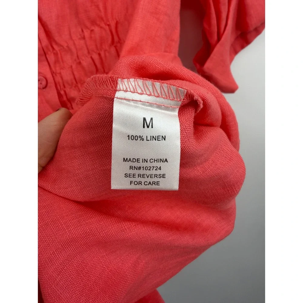 Harve‎ Benard Smocked Waist Linen Blouse Womens Size Medium Coral Pink Roll Tab
